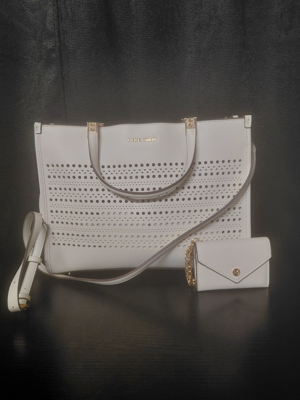 Anne Klein White Perforated Crossbody Tote with Card Holder